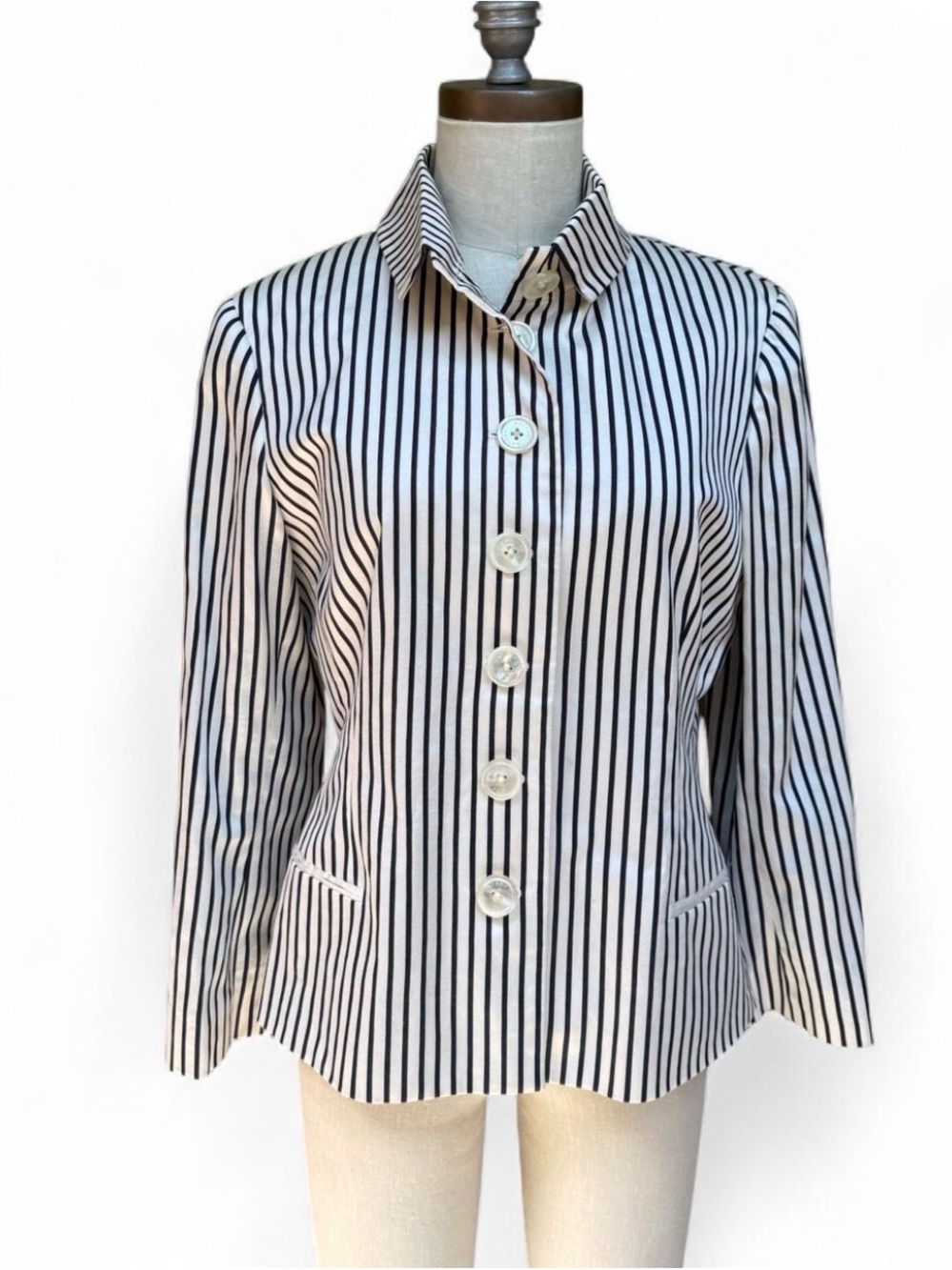 LAUREN Ralph Lauren Navy & White Vertical Stripe Button-Down cotton silk blazer